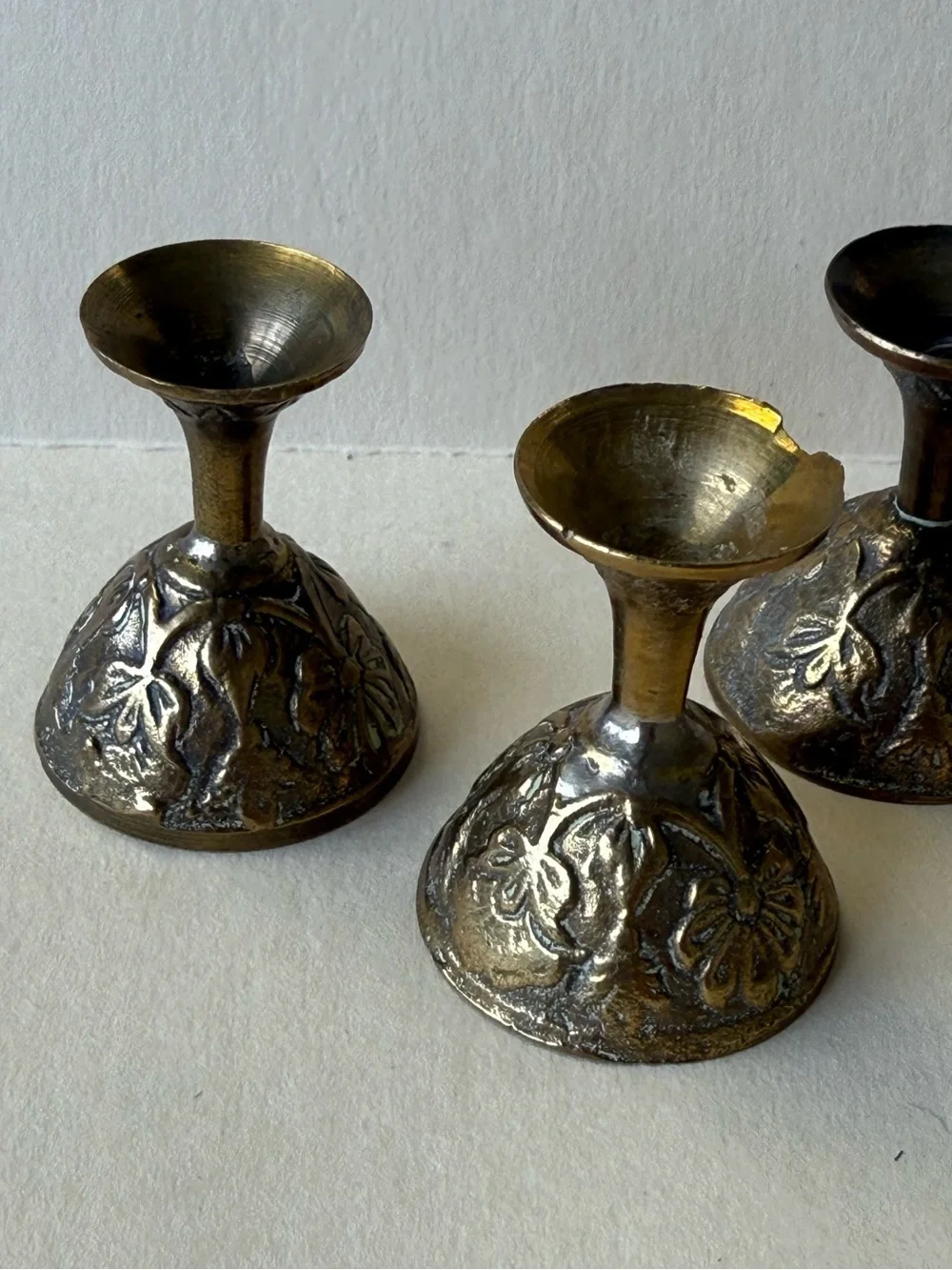 Set of 4 Antique-Style Mini Brass Tea or Liquor Goblets.